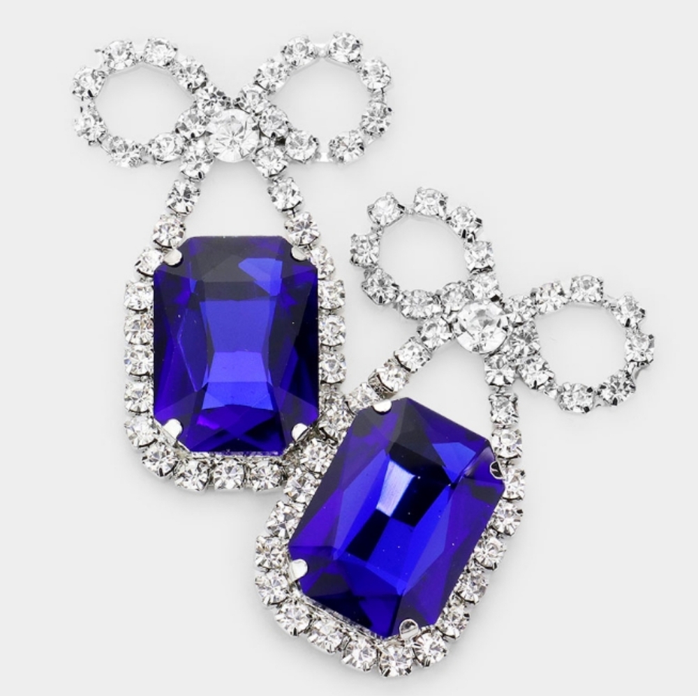 Rhinestone Bow Emerald Cut Stone Evening Earrings